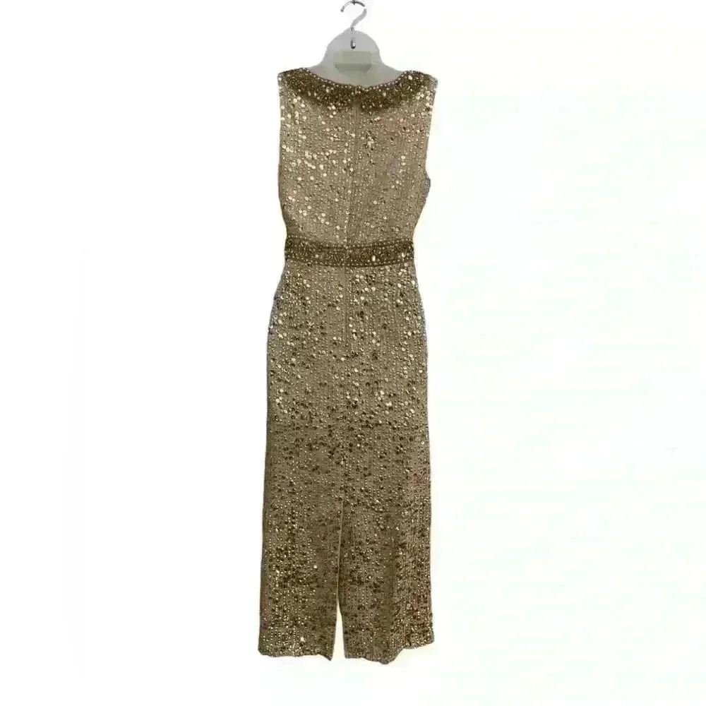 Mac Duggal 10739 Gold Sequin Midi Dress Jewel Neck NWT - Picture 2 of 8